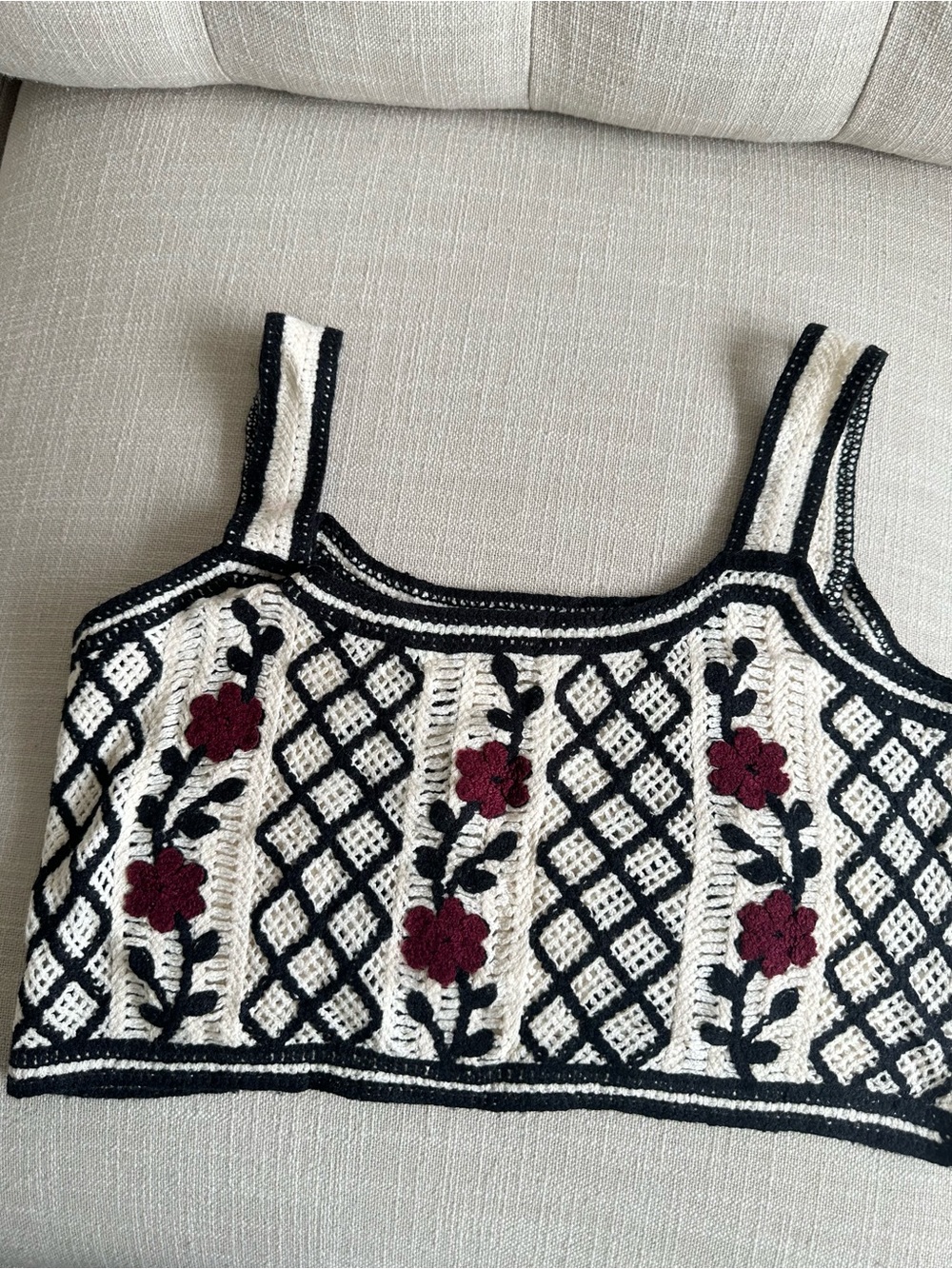 Crochet Floral Tank Top - Cream & Black with Burgundy Flowers